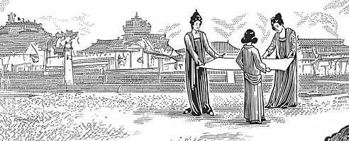 three women standing in a circle holding a long sheet of paper